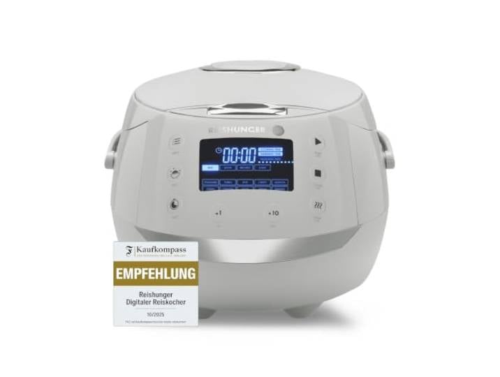 REISHUNGER Digitaler Reiskocher & Dampfgarer – 1,5L – Grau bis zu 8 Personen – Warmhaltefunktion, Timer & Premium Innentopf – Multikocher, 12 Programme, 7-Phasen-Technologie