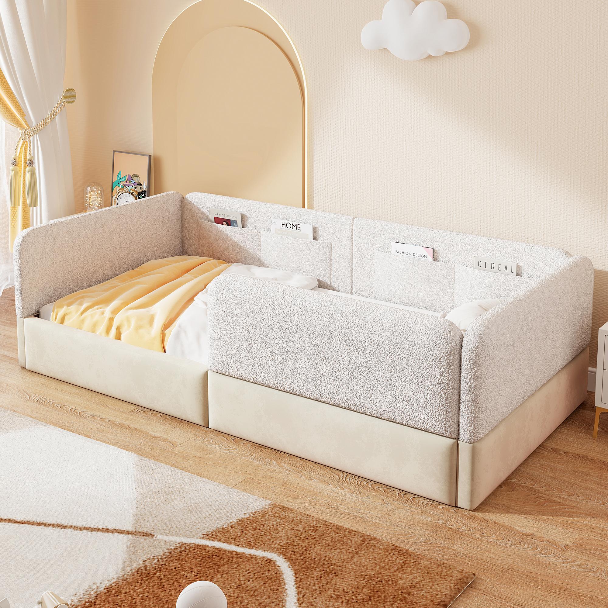 90x200 gepolstertes Plattformbett mit Schutzgitter und Aufbewahrungsbeutel, Weiß