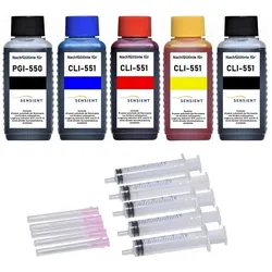 Nachfüllset für Canon Tintenpatronen PGI-550 + CLI-551 - 5 x 100 ml Sensient Tinte + Zubehör