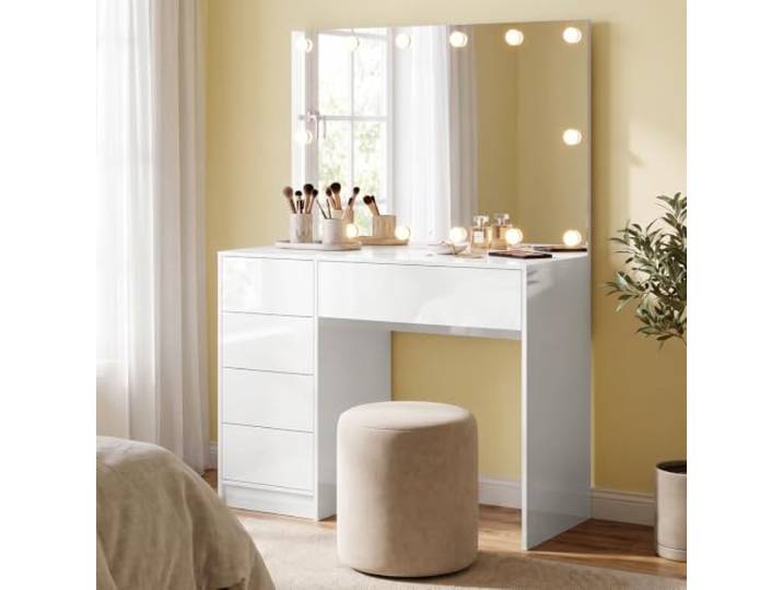 Bellamio Livny Schminktisch mit Hollywood Spiegel, LED, 5 Schubladen, Weiß Kosmetiktisch mit Beleuchtung, Frisiertisch, 3 Farbstufen, Touch-Sensor, 110x80x53 cm, Make Up Tisch, großer Schminkplatz