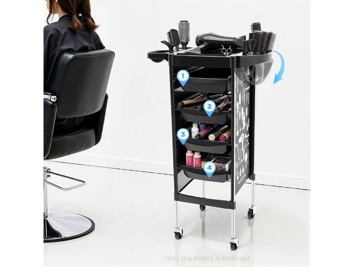 Chariot de salon à 5 niveaux, chariot de coiffure, chariot de salon avec 4 tiroirs coulissants, plateau pliable pour barbier et esthéticienne