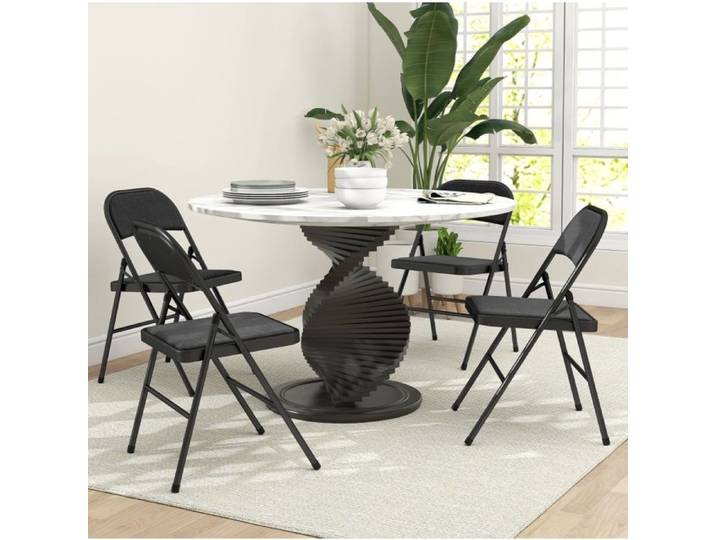 Chaise pliante lot de 4 avec assise rembourrée structure métallique aspect lin noire sans montage VEVXYN