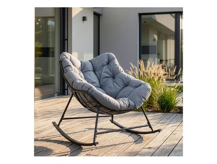 en.casa Schaukelstuhl, outdoor »Villeneuve« mit Kissen 85x90x91 cm Schwarz / Grau