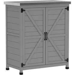 OKWISH Gartenschrank Holz Grau 79x43x92 cm mit verzinkter Tischplatte, Doppeltür und Innenregal