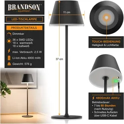 Brandson, Tischlampe, 3x LED Tischleuchte aus Metall, mit Akku, Kabellos, Touch, dimmbar, Dimmfunktion, Schreibtischlampe