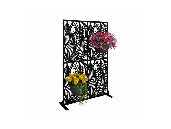 Relaxdays Sichtschutz Schwarz Metall Blättermotiv 183 cm, 115x183 cm, Sonnen- & Sichtschutz, Sichtschutz Garten
