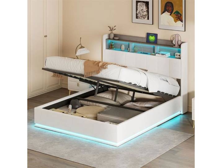 Lit coffre - DREAMMESPACE - 140x200cm - Tête de lit capitonnée - Éclairage LED - Flanelle blanc