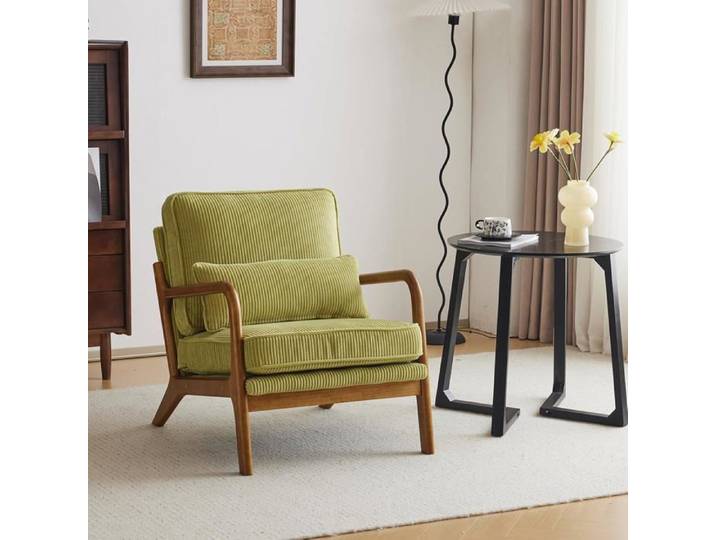 VINGLI Fauteuil de Salon avec Cadre en Bois Fauteuil d'Appoint Relaxation Chaise d'Attente Velours Côtelé Vert