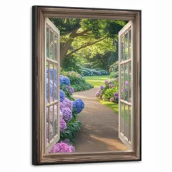 LEINWAND Bilder mit Rahmen - Aussicht - Garten - Fenster - Hortensie - Blumen - 50x70