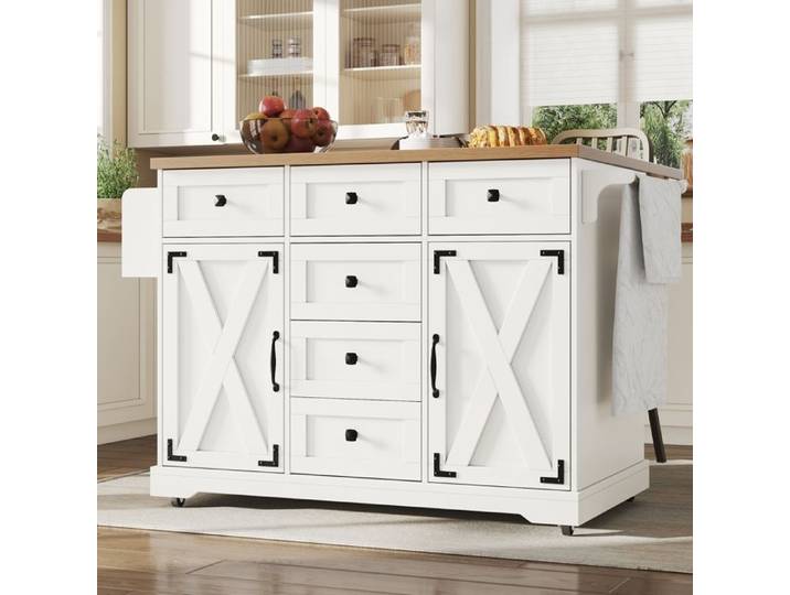 Buffet de Cuisine Extensible Moderne avec roulettes 6 Tiroirs 2 Portes Chariot de Cuisine 147x44-70x93cm Blanc