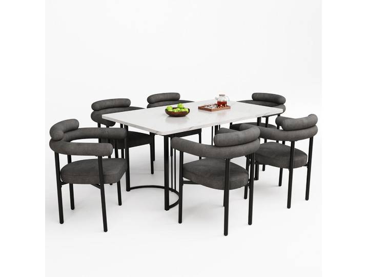 Flieks Esstischset 7-Teilig Mit 6 Hohlen Sesseln, Metallbeine, Grau, Mehrfarbig, 140x75x80 cm, Esszimmer, Bänke, Tischgruppen & Eckbankgruppen