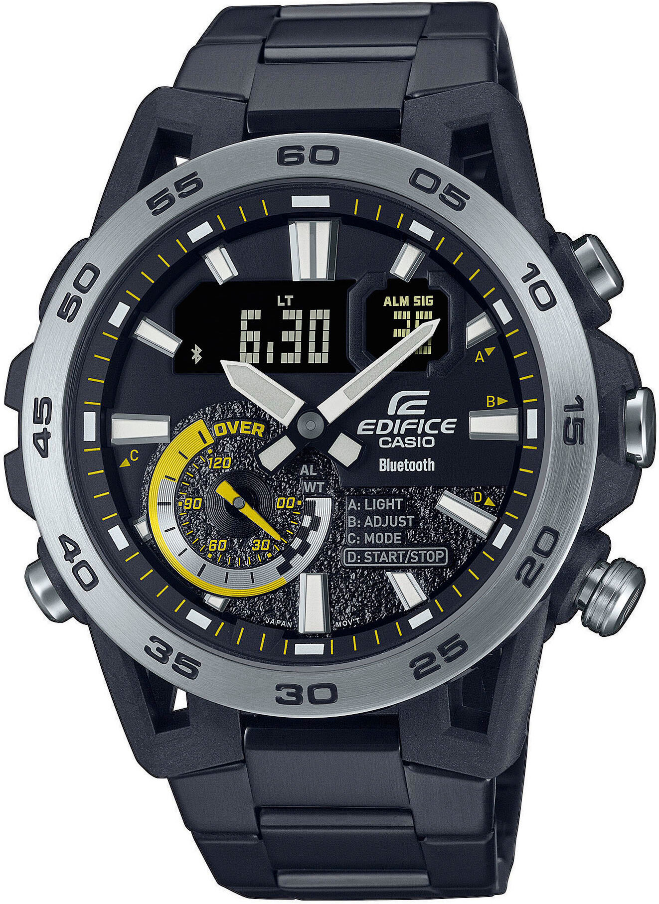 Smartwatch CASIO EDIFICE, schwarz (gelb, schwarz, schwarz), Smartwatches, Herren, Smartwatch, Armbanduhr, Herrenuhr, Bluetooth, Edelstahlarmband, Weltzeit, digital