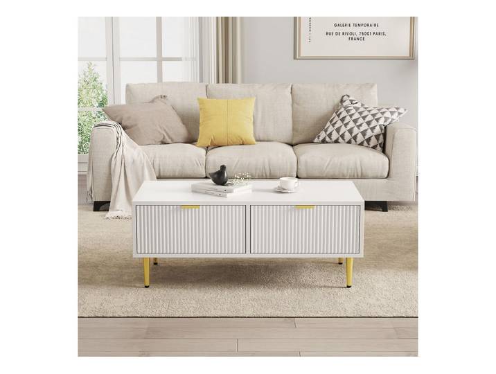 EXTSUD Couchtisch Moderner Couchtisch Weiß – 2 Schubladen, 100×50×40 cm
