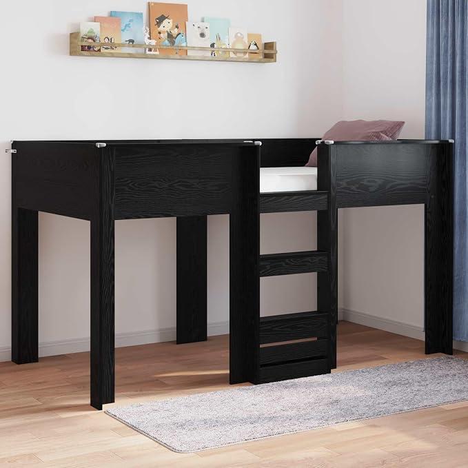 Etagenbett für Kinder Schwarz Eichen-Optik Holzwerkstoff 90 x 200 cm Einzelbett Bettrahmen platzsparend für Kinderzimmer und Jugendzimmer mit robustem Liegegestell und stabilem Schlafplatz
