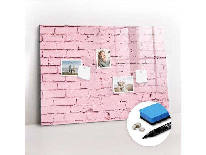Tulup Magnettafel 100x70 Ziegelmauer, Pink, Glas, 100x70x0.4 cm, Bilder & Rahmen, Pinnwände & Magnettafeln