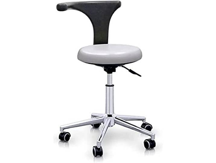 QUIRUMED Professioneller ergonomischer Hocker mit Rückenlehne, silberfarben, Gestell aus Edelstahl, Kunstleder, Basis mit Rollen, höhenverstellbarer Sitz, bis 120 kg