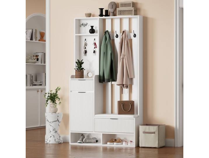 Porte-Manteau Meuble d'Entrée Vestiaire avec banc à chaussures avec crochets étagère 100x30x180 cm