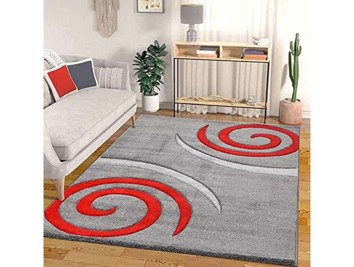 VIMODA Teppich Kurzflor Spiral Zeichnung dicht gewebt dick und weiche Oberfläche Grau Rot Konturenschnitt aus Hand für Wohnzimmer, Schlafzimmer, küche, Maße:80x150 cm