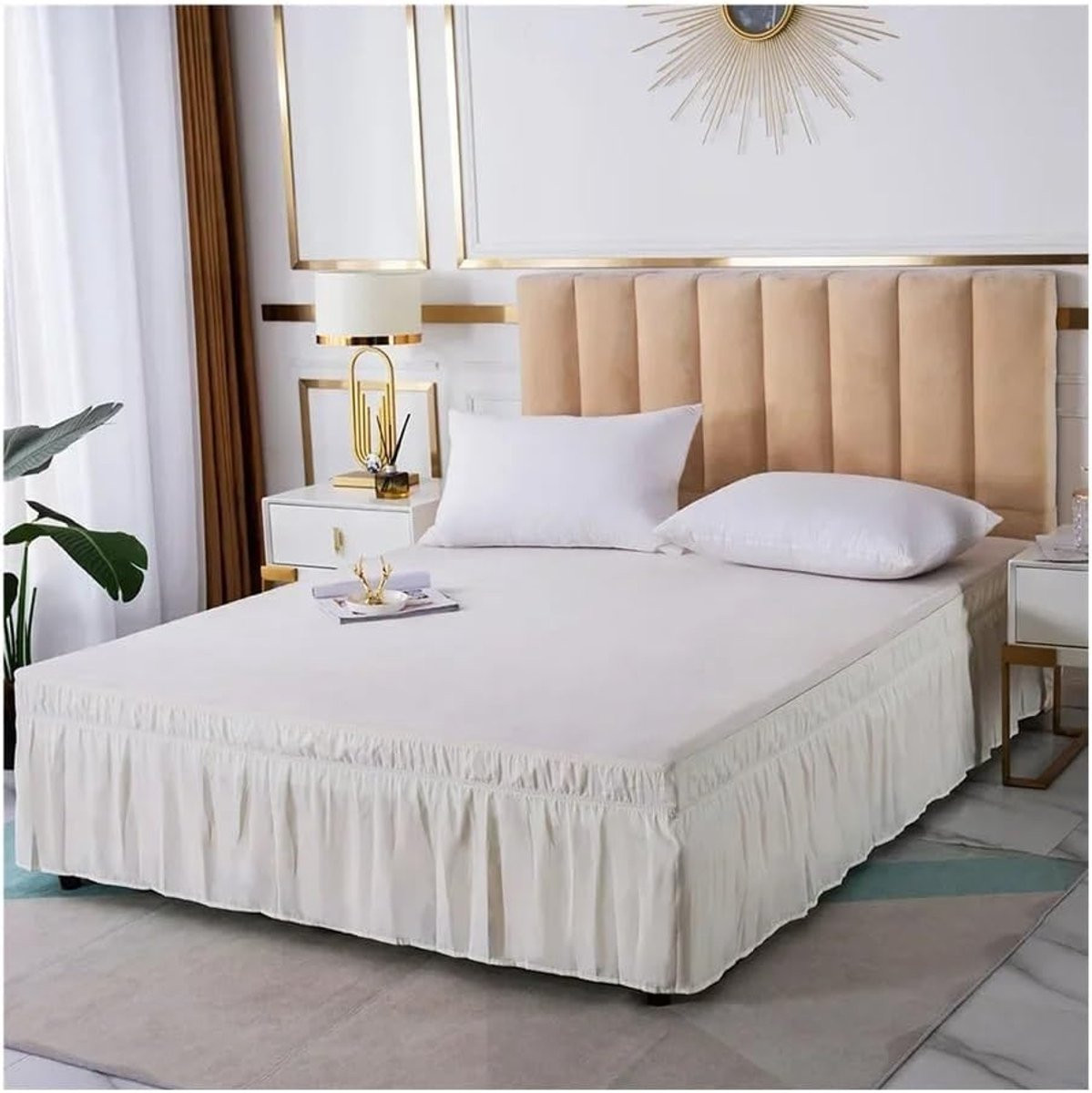 Elastische bedrok met ruches in rijstwit, Kingsize 198 x 203 cm