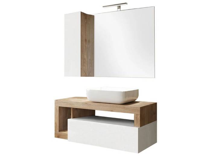 ARTURO - Meuble avec vasque 110cm suspendu + Miroir blanc et aspect bois Cadiz