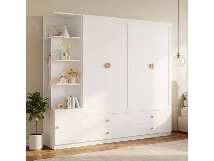 Armoire de Chambre 200x225x45 cm Penderie à portes battantes avec 3 tringles à vêtements 4 tiroirs armoire à vêtements Blanc