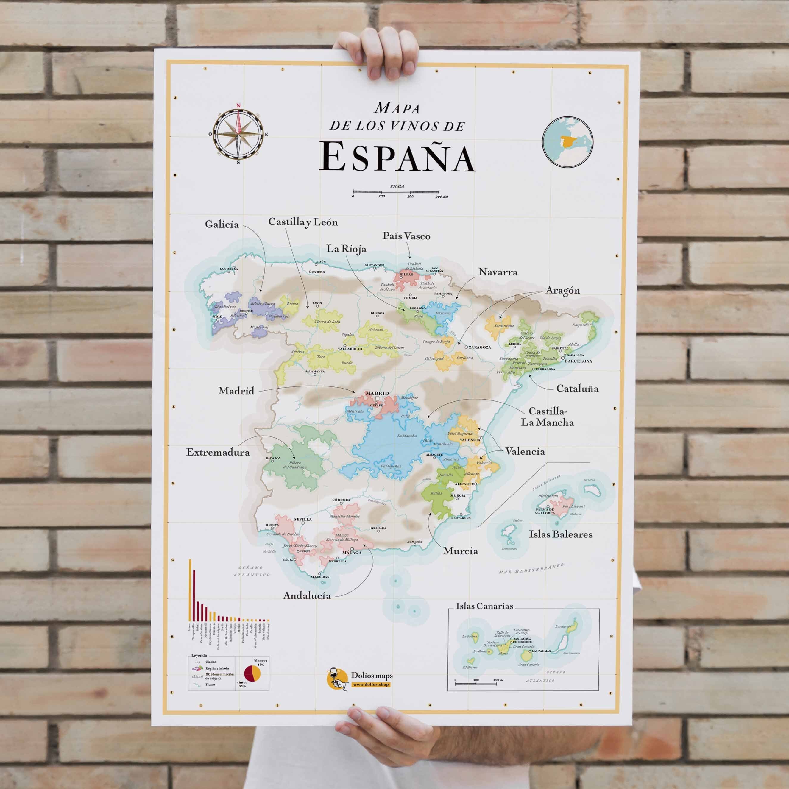La carte des vins Affiche - Carte des vins d'Espagne - 50 x 70 cm