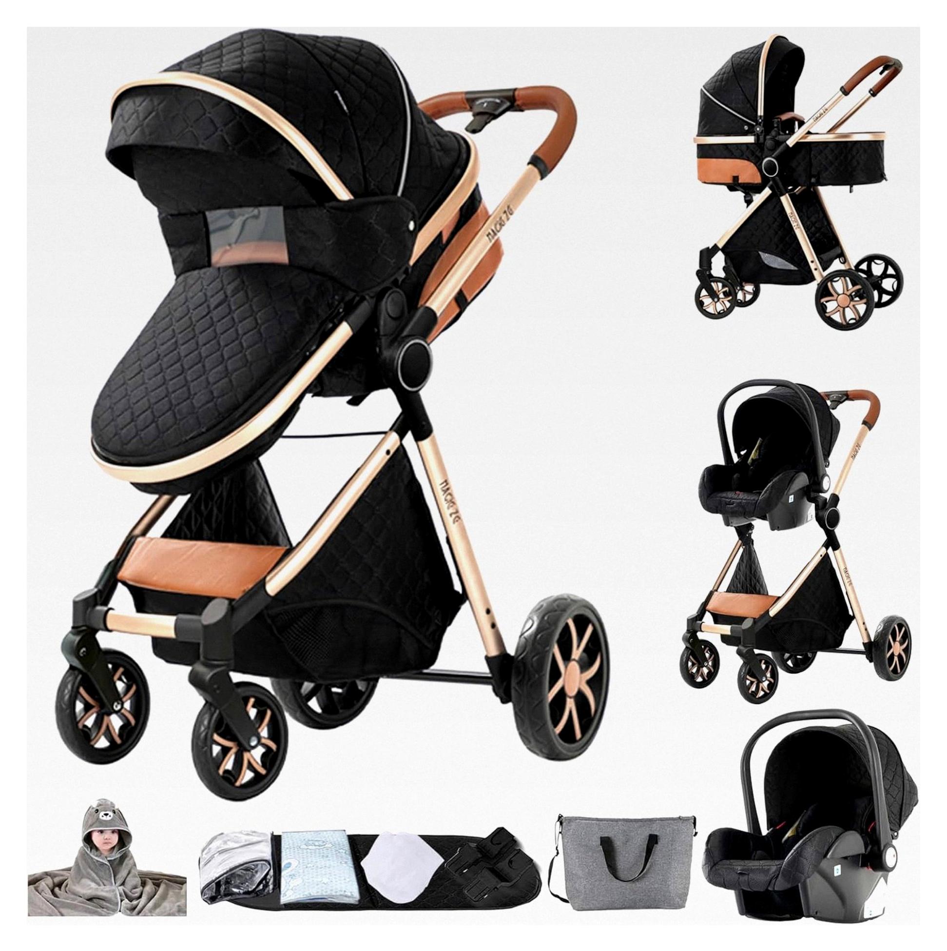 Kinderwagen 3 in 1, Kombikinderwagen mit umkehrbarem Doppelschiebemodus, Faltbarer Buggy mit hoher Sitzposition