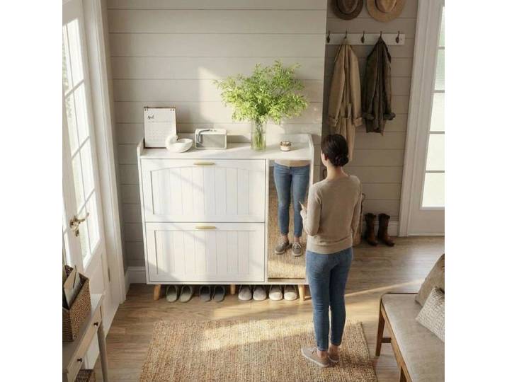 JoyGarden Meuble à chaussures étroit avec miroir pleine longueur 2 tiroirs abattants pour entrée couloir