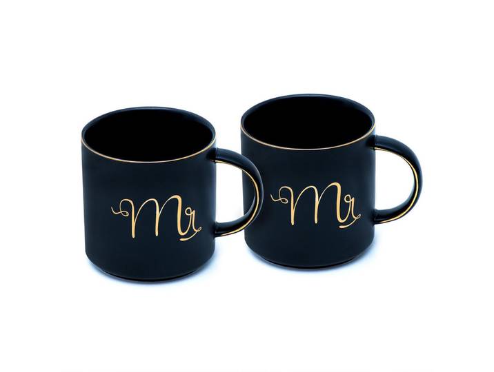 Intirilife Kaffeetasse mit Goldrand und Aufschrift Mrs & Mr 300 ml (2-tlg.), Schwarz, Keramik, 2-teilig, 0.3 L, leicht zu reinigen, Geschirr, Tassen, Kaffeetassen