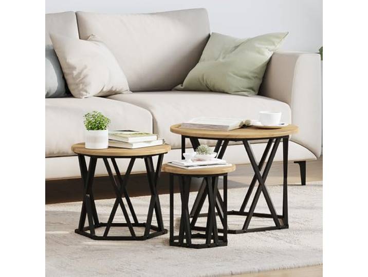 HEFZGDB Satztische 3 STK. Artisan Eiche Holzwerkstoff Runde Couchtische mit Schwarzem Metallgestell für Wohnzimmer Lounge Dekoration Servieren