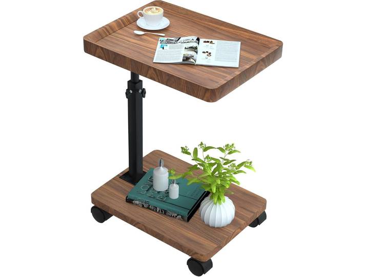 Beistelltisch mit Rollen Höhenverstellbar Holz Nussbaum Finish