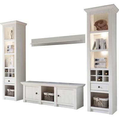 Wohnwand HOME AFFAIRE "California", weiß (pinie weiß), B:288cm, Holzwerkstoff, Kastenmöbel-Sets, Wohnwand, bestehend aus 2 Standregale, Lowboard, Wandregal