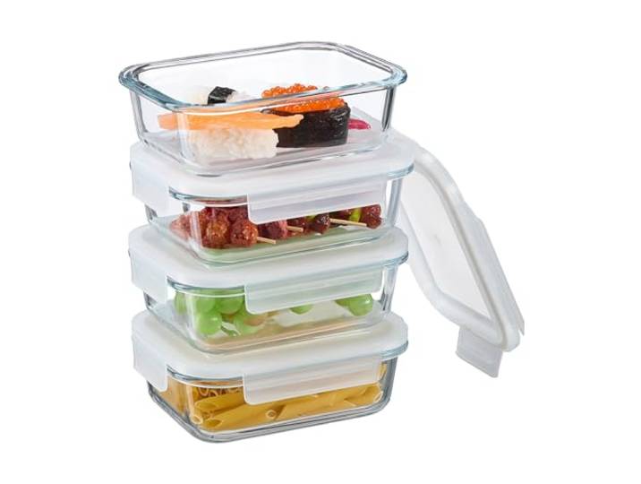 Relaxdays Boîtes alimentaires en verre\, lot de 4\, couvercle hermétique en plastique\, 640 ml\, récipients\, transparents
