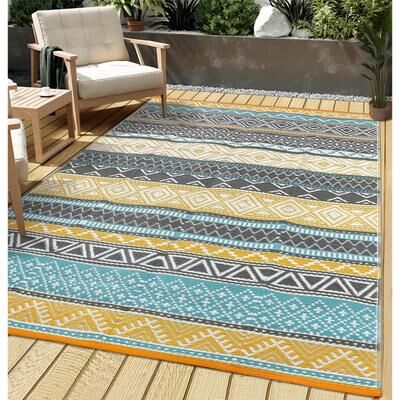 Garvee Line Geometric Waterproof Outdoor Patio Camping Rug