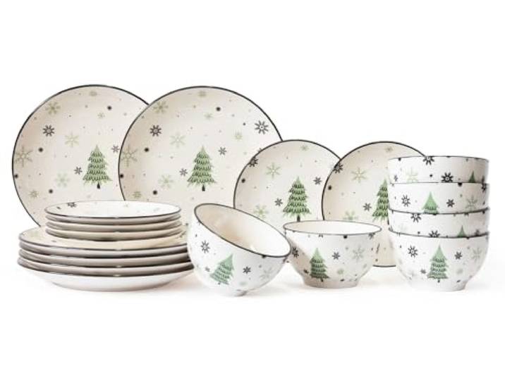Cookinglife Weihnachtsgeschirr-Set Grün 18-teilig (für 6 Personen) – Hochwertiges Keramik-Geschirr mit Weihnachtsbaum-Motiv, Spülmaschinengeeignet, Festliches Tafelservice für Weihnachten
