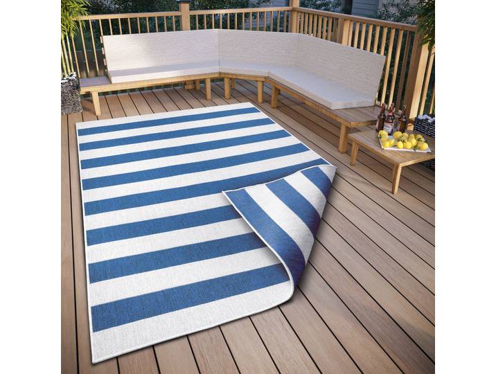 Teppich GOODPRODUCT Alan Wendeteppich , blau (blau, weiß), B:280cm H:5mm L:380cm, Kunstfaser, Teppiche, Teppich, beidseitig nutzbar, Streifen, Scandi, wetterfest, für In- und Outdoor