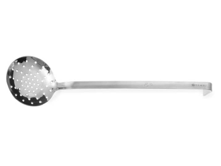 HENDI Schuimspaan, geperforeerd, met lange handgreep, HACCP, gebogen uiteinde, voor afgieten, zeeflepel, schuimlepel, keukenzeef, ø100x400mm, extra zwaar roestvast staal