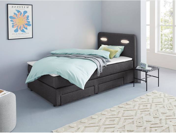 Boxbett, Polyester, Anthrazit, 127×211 cm, Mit Schubkästen & LED-Beleuchtung, Modern, Inosign