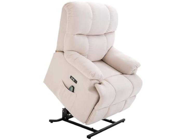 HOMCOM Sessel mit Aufstehhilfe, Massagesessel, Relaxsessel mit USB-Anschluss, Fernsehsessel mit Fernbedienung, Seitentasche, Neigebarer TV-Sessel mit Samtoptik, Beige