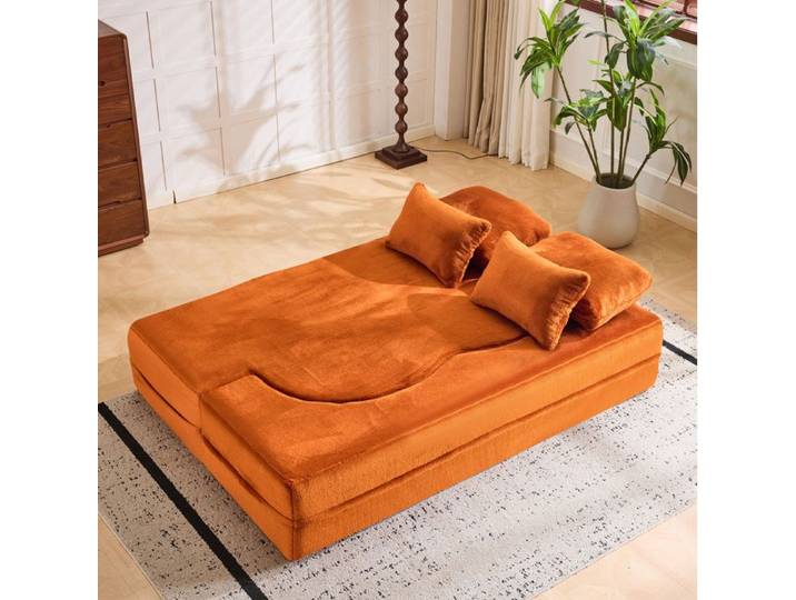 Grand canapé orange moderne au sol avec 4 coussins matelas pliant en mousse haute densité idéal salon et chambre