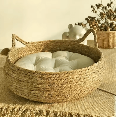 Inspire Curations Handwoven Rattan Cat Nest Bed With Removable Cushion basket And Cushion 35cm