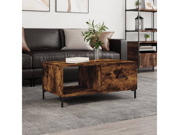 furnicato Couchtisch 90x50x40 cm Räuchereiche mit Stauraum und Eisenbeinen (1-St), Wohnzimmertisch mit diskreter Tür und feuchtigkeitsbeständiger Fläche