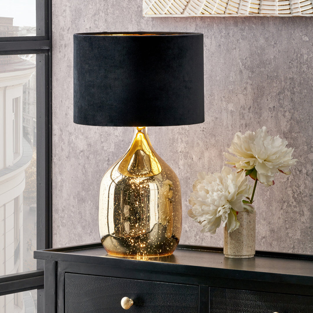 Canora Grey Anselmi Glass Table Lamp Black/Champagne Gold 50cm H X 28cm W X 28cm D
