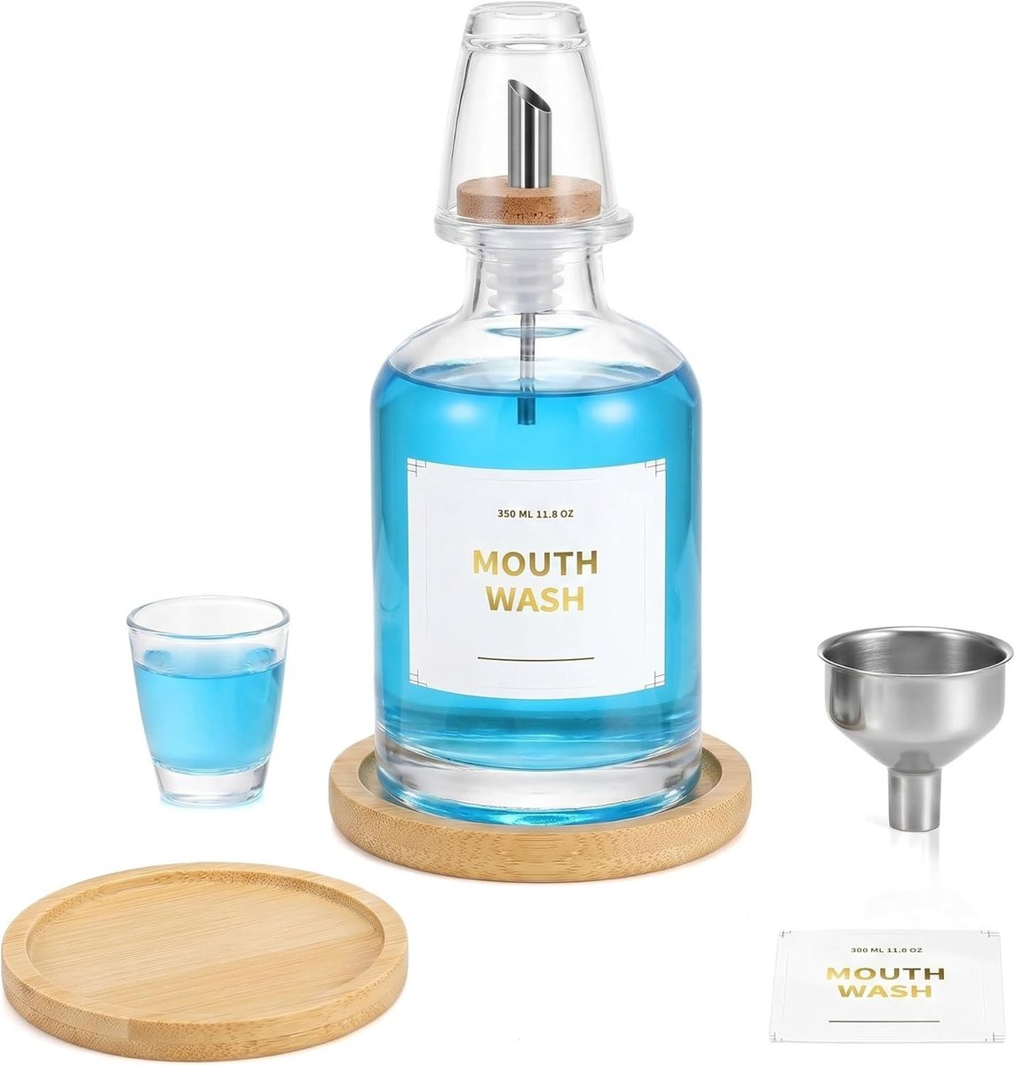 Badkamer Set van Glas met Mondspoel Fles van 350 ml, RVS Trechter, Bamboe Dienblad en Herbruikbare Dispenser voor Tandpasta en Mondwater