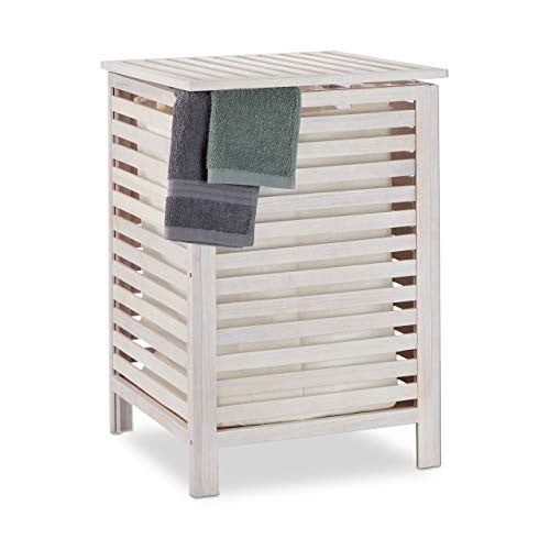 Relaxdays Wasmand Walnotenhout Wit met Deksel en Uitneembare Waszak, 52 l, B/D/H: 65.5 x 45 x 45 cm