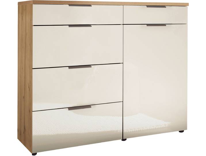 Kombikommode, Floatglas & Holzwerkstoff, Bianco-Eiche-Dekor, 100×91,2×43 cm, 5 Schubladen & 1 Tür, Wiemann Como