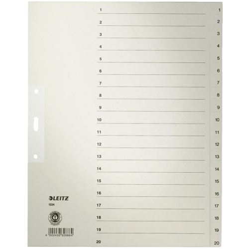 LEITZ Ordnerregister DIN A4+ Vollformat, Überbreite 1-20 grau 20-teilig, 1 Satz Papier