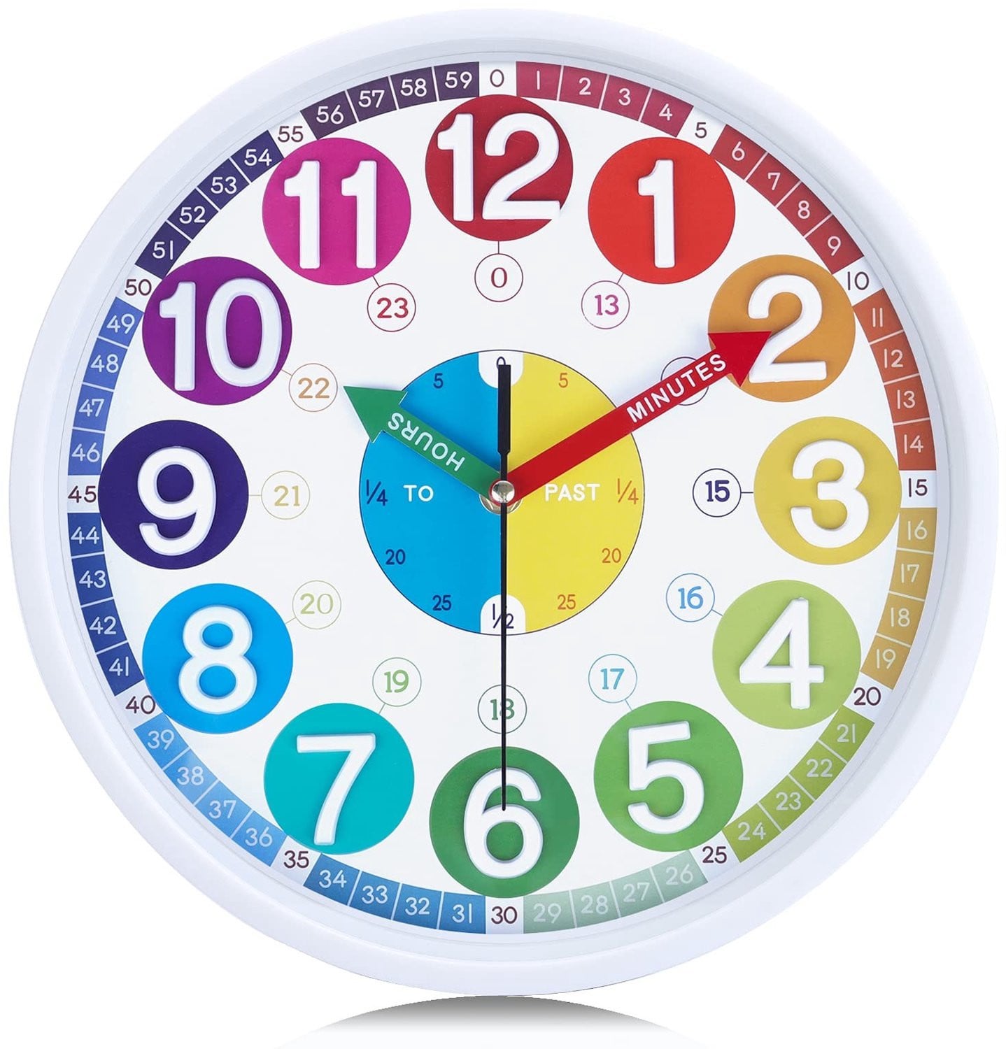 Kleurrijke educatieve analoge wandklok voor kinderen, stil werkend, 30 cm