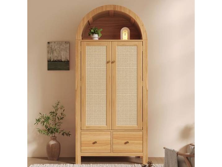 Armoire Chambre avec Tressage en Rotin Armoire Penderie avec 2 Portes et 2 Tiroirs Etagère Semi-Circulaire Ouverte 78x45x181cm Chêne
