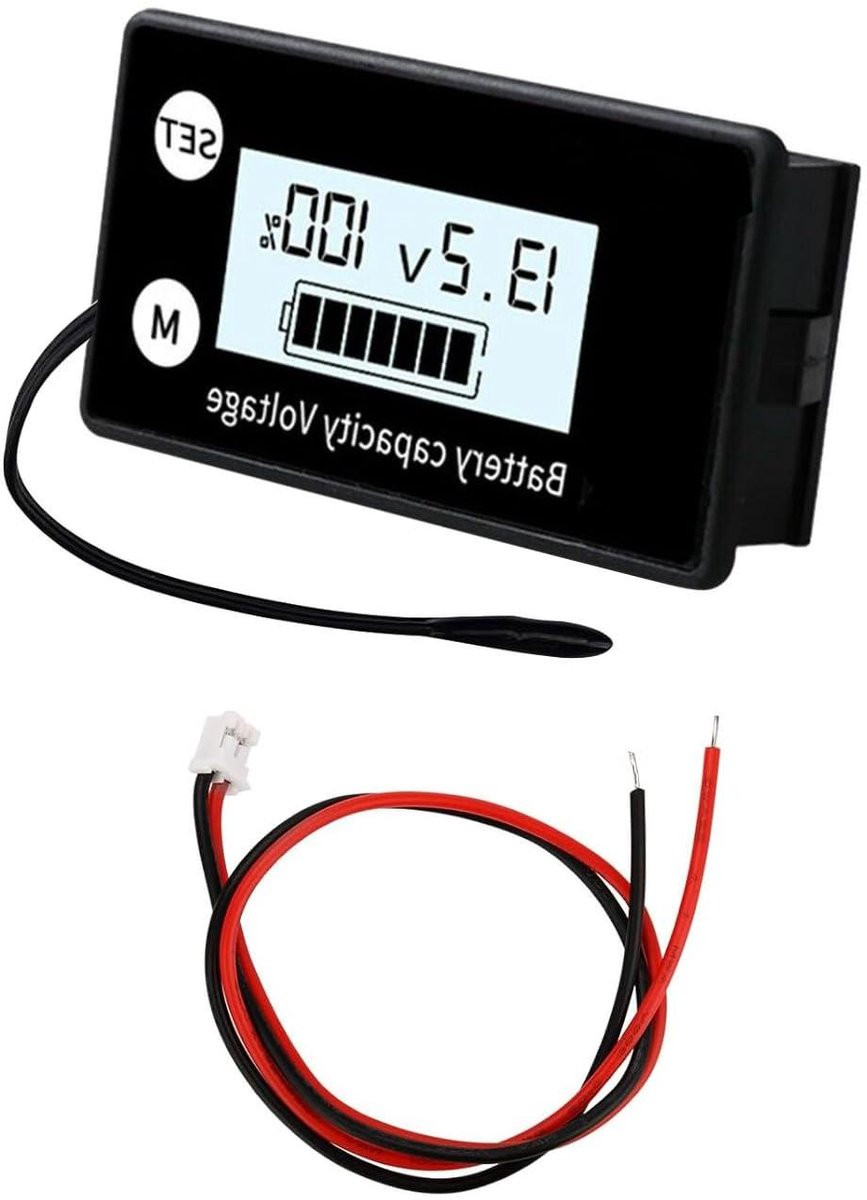 Batterij-capaciteitsmeter en voltagemeter met alarmsensor en LCD-display, 8-100 V, Wit